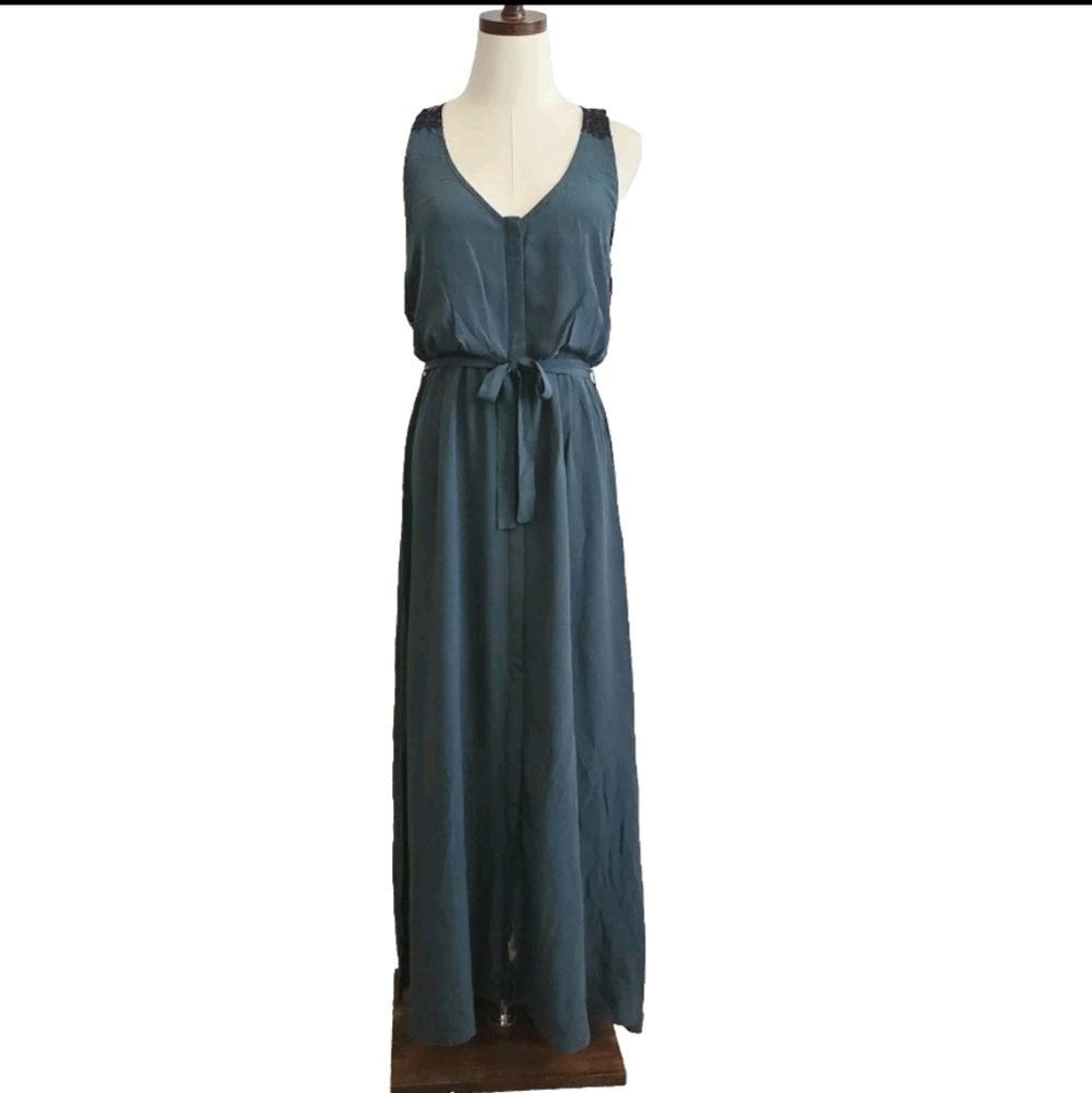 MADISON MARCUS 100% Silk Blue Green Teal Small Simple Party Evening Maxi Dress